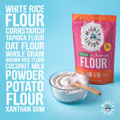 Mightylicious scoop of rice flour ready to measure for precise baking