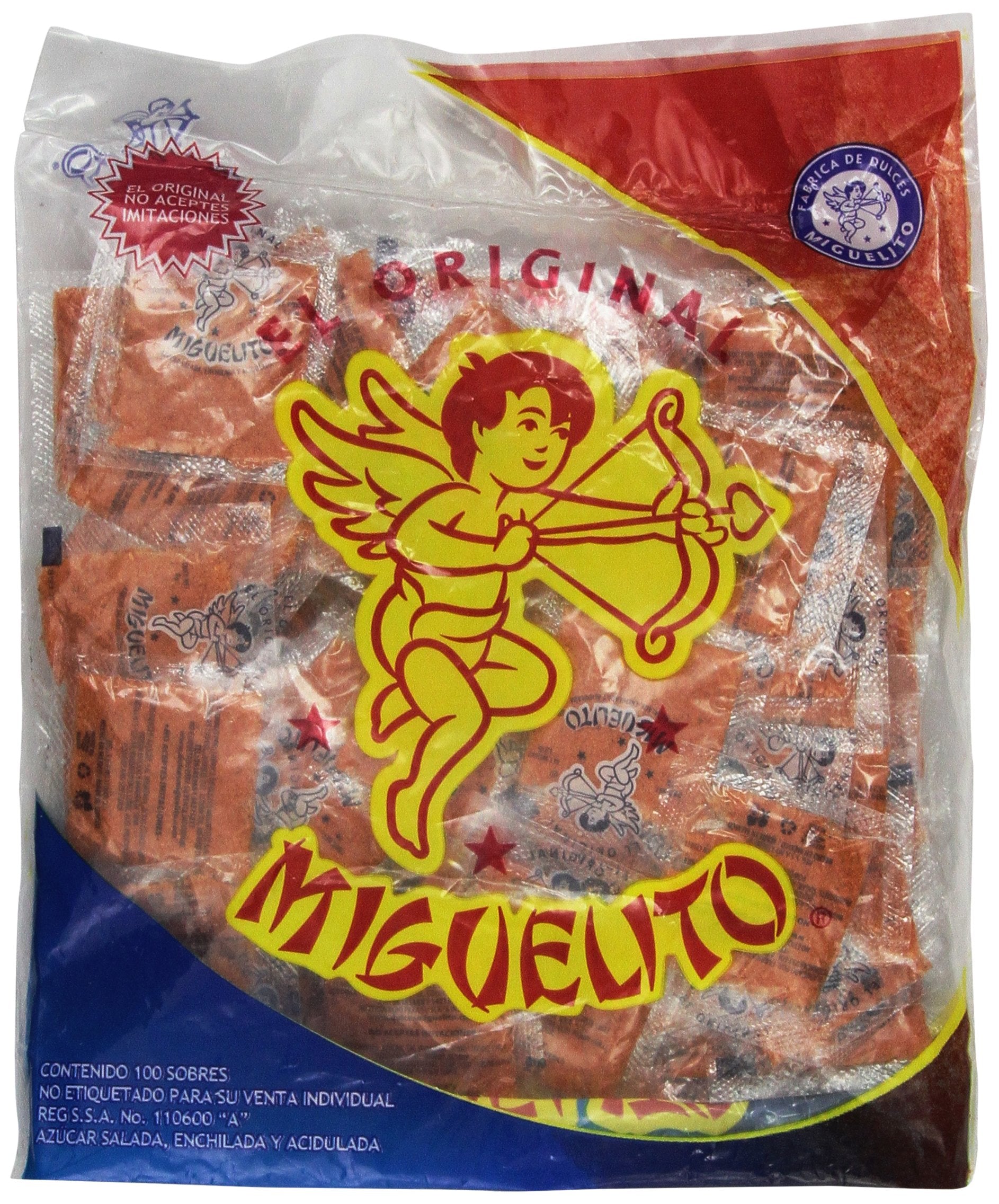 Miguelito front packaging showing 100 sealed chamoy chili pieces for convenient gifting