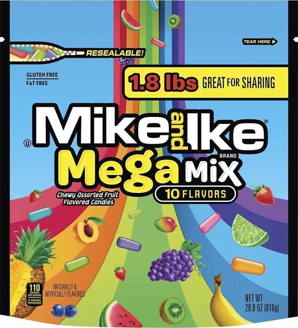 MIKE AND IKE front bag view showing brand and resealable pack for sharing