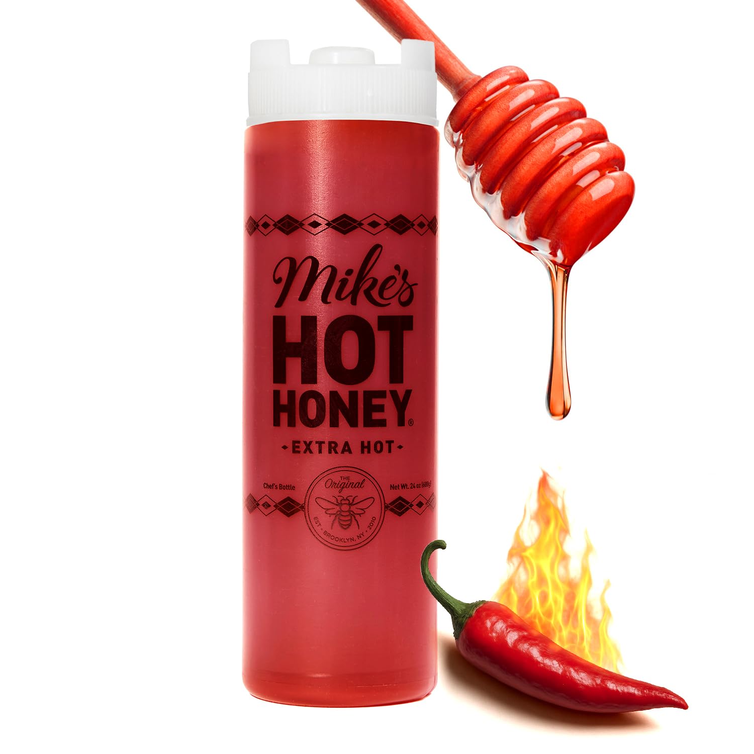 Mike's Hot Honey front packaging showing bold label and 24oz size for convenience