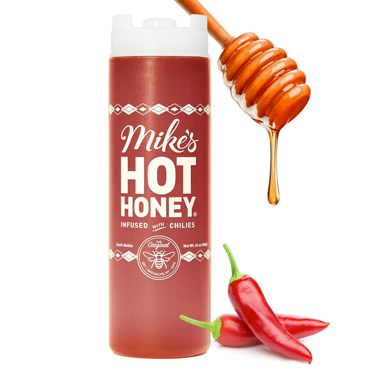 Mike's Hot Honey front bottle showing label and 24 oz chef pack benefit