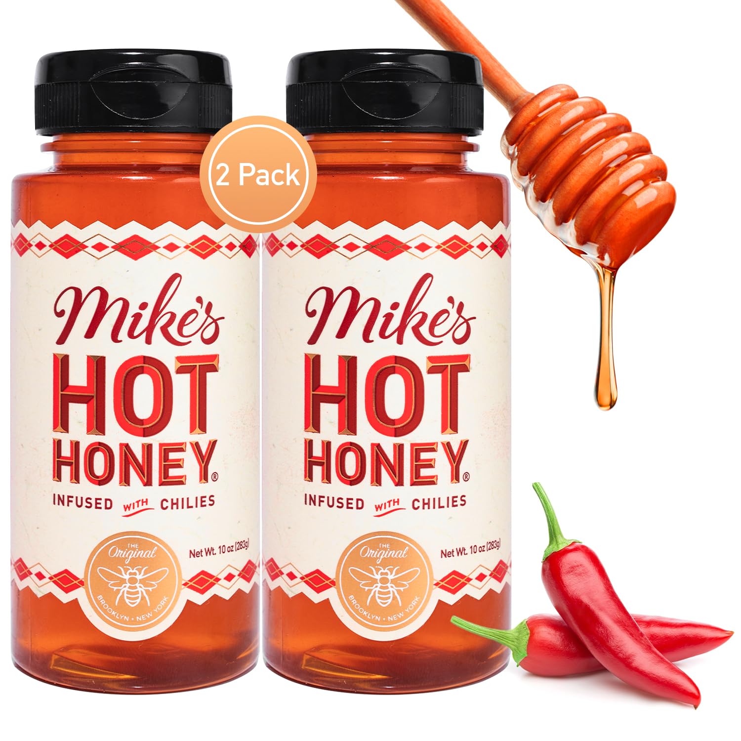 Mike's Hot Honey front packaging showing brand and 10 oz bottle benefit: quick identification