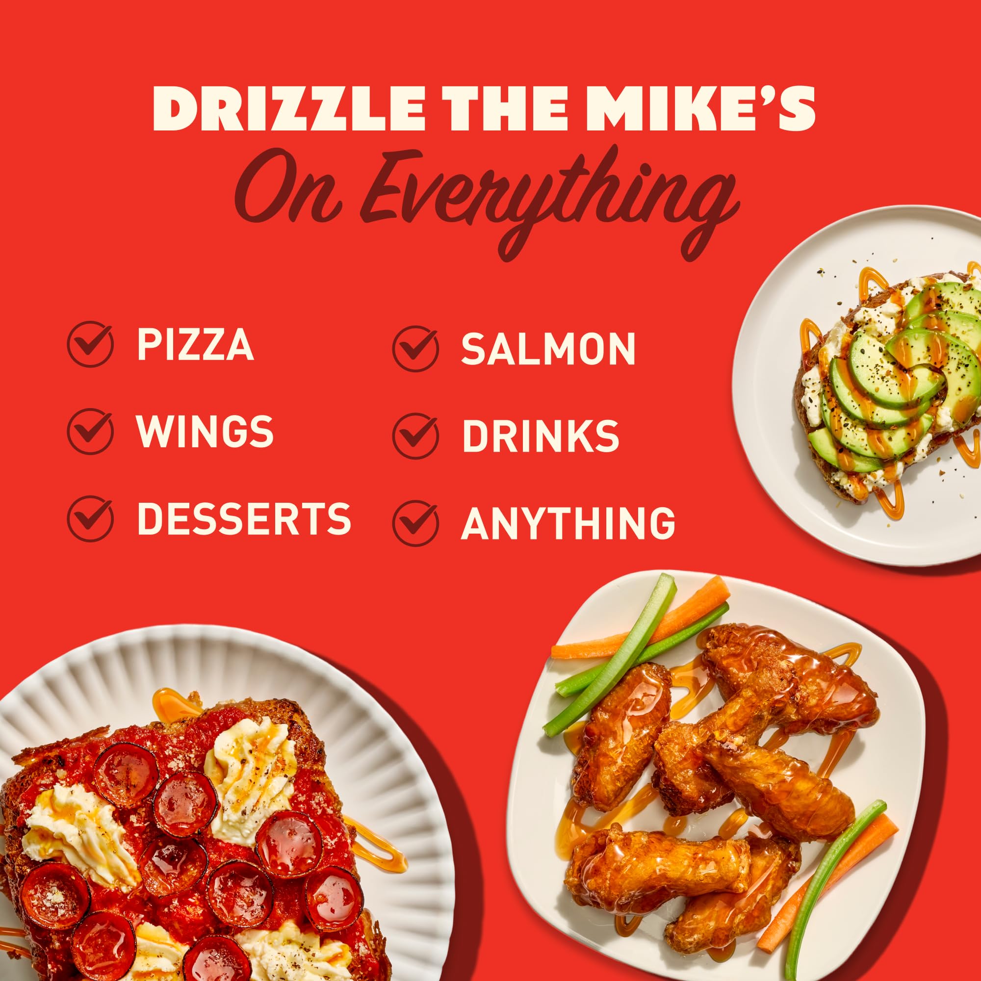 Mike's Hot Honey drizzled over pizza adding sweet-heat contrast benefit