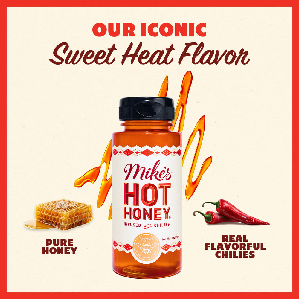 Mike's Hot Honey being drizzled on pizza showing added sweet-heat flavor