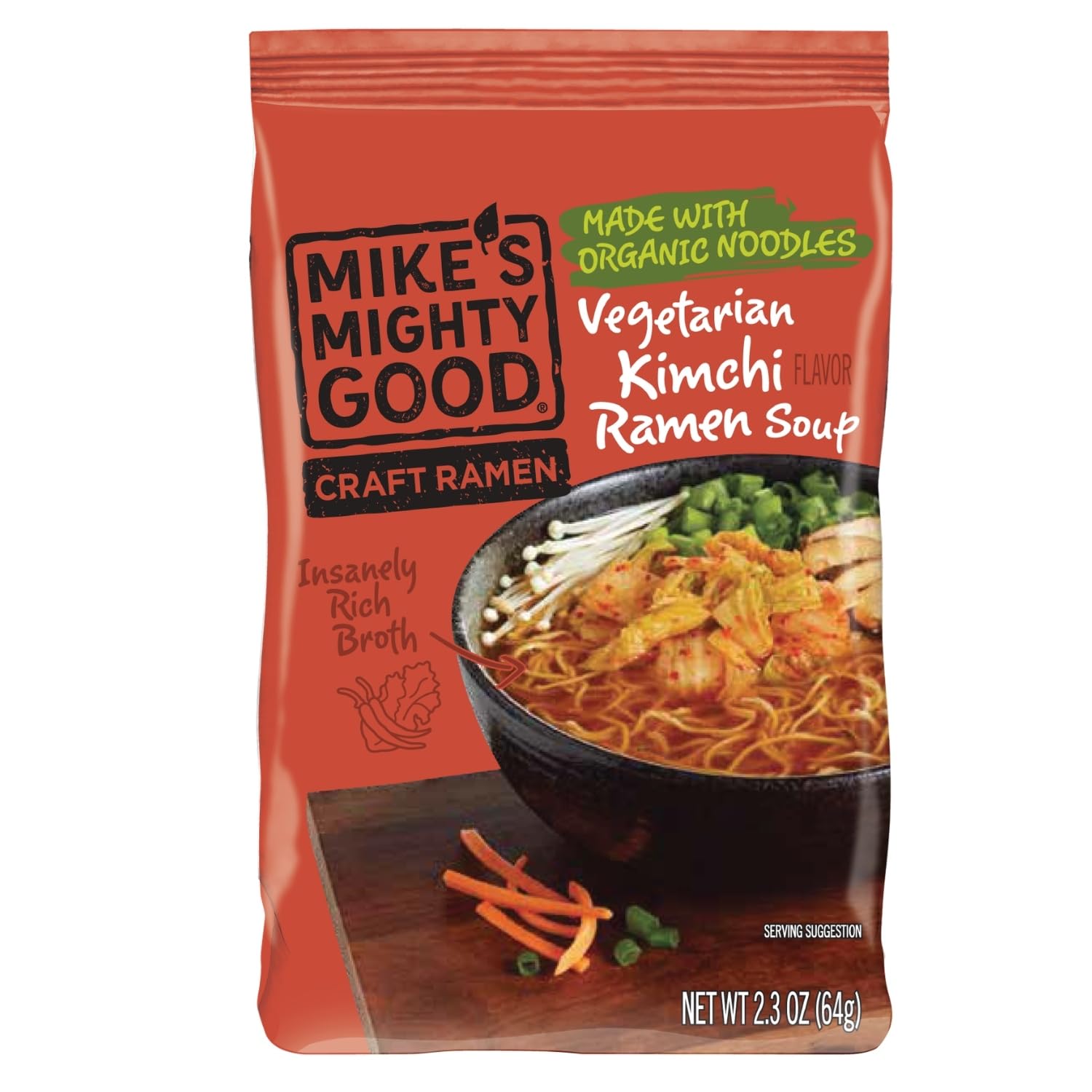 Mike's Mighty Good front packaging showing kimchi ramen and quick prep benefit