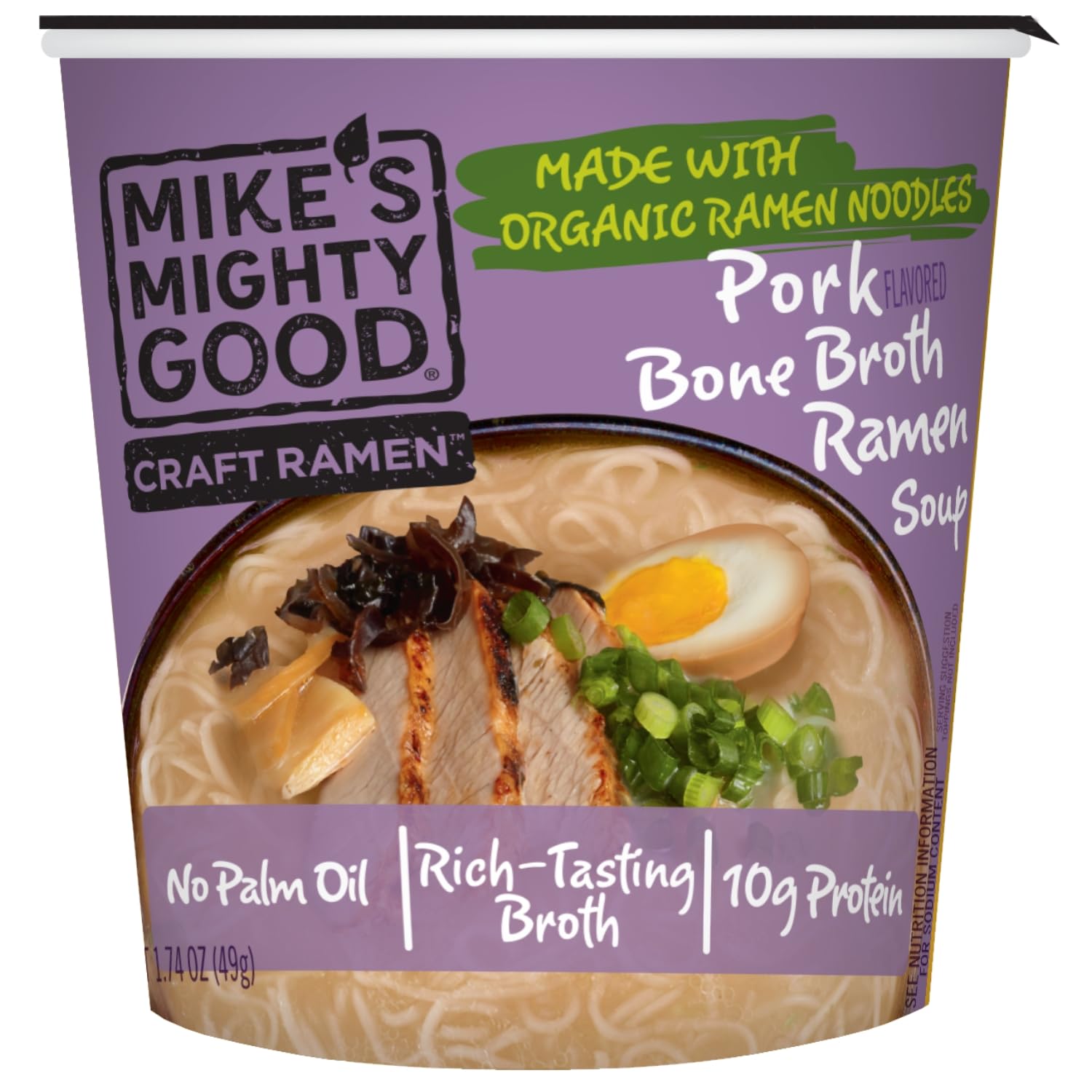 Mike's Mighty Good front packaging showing pork ramen savoriness and convenience