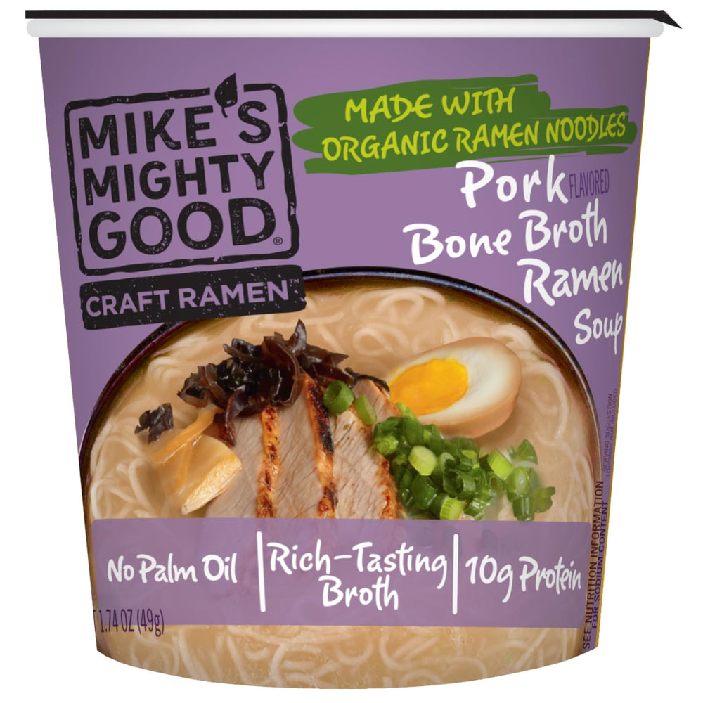 Mike's Mighty Good front packaging showing pork ramen savoriness and convenience