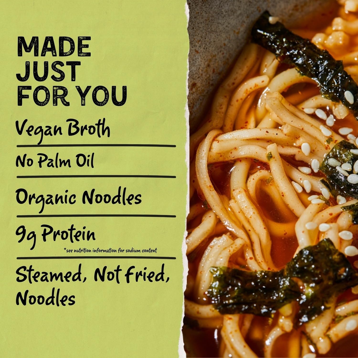 Mike's Mighty Good noodle texture detail showing steamed, non-fried benefit