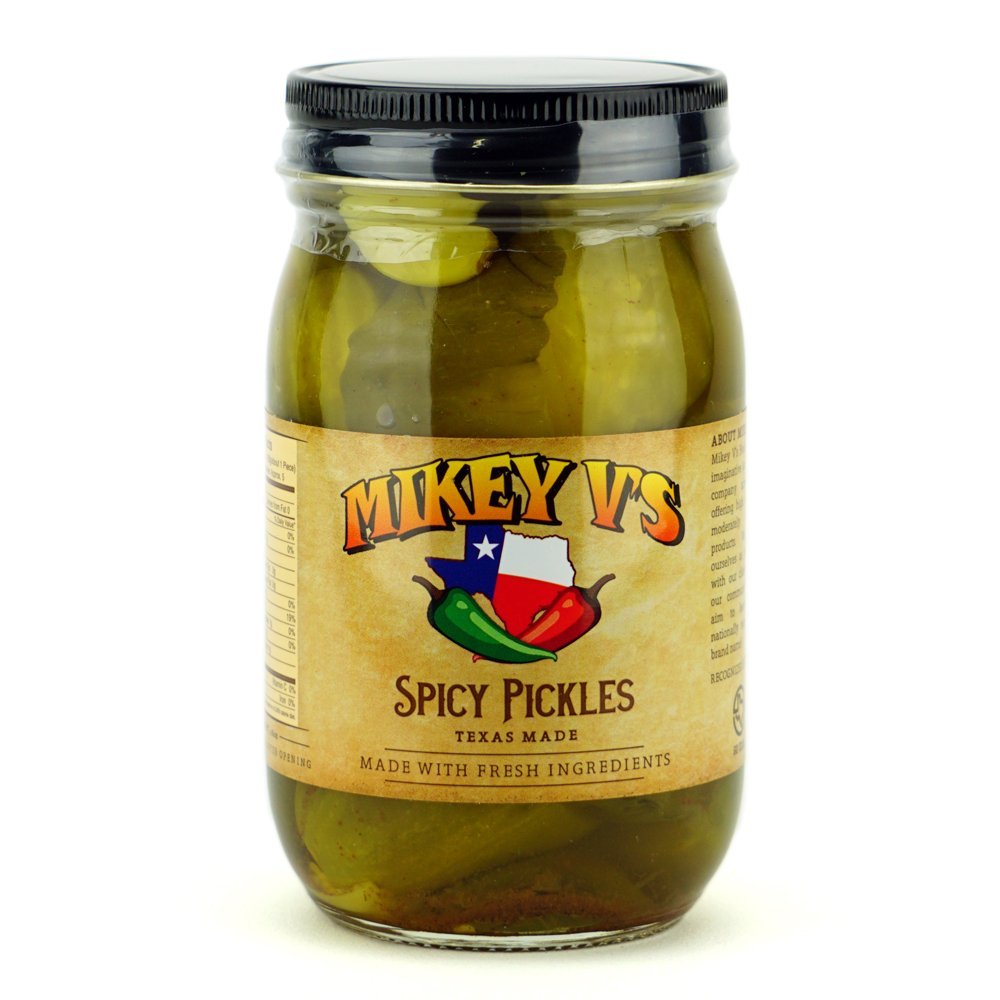 Mikey V's front jar view showing label, spicy pickles, and bold flavor