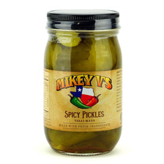 Mikey V's front jar view showing label, spicy pickles, and bold flavor