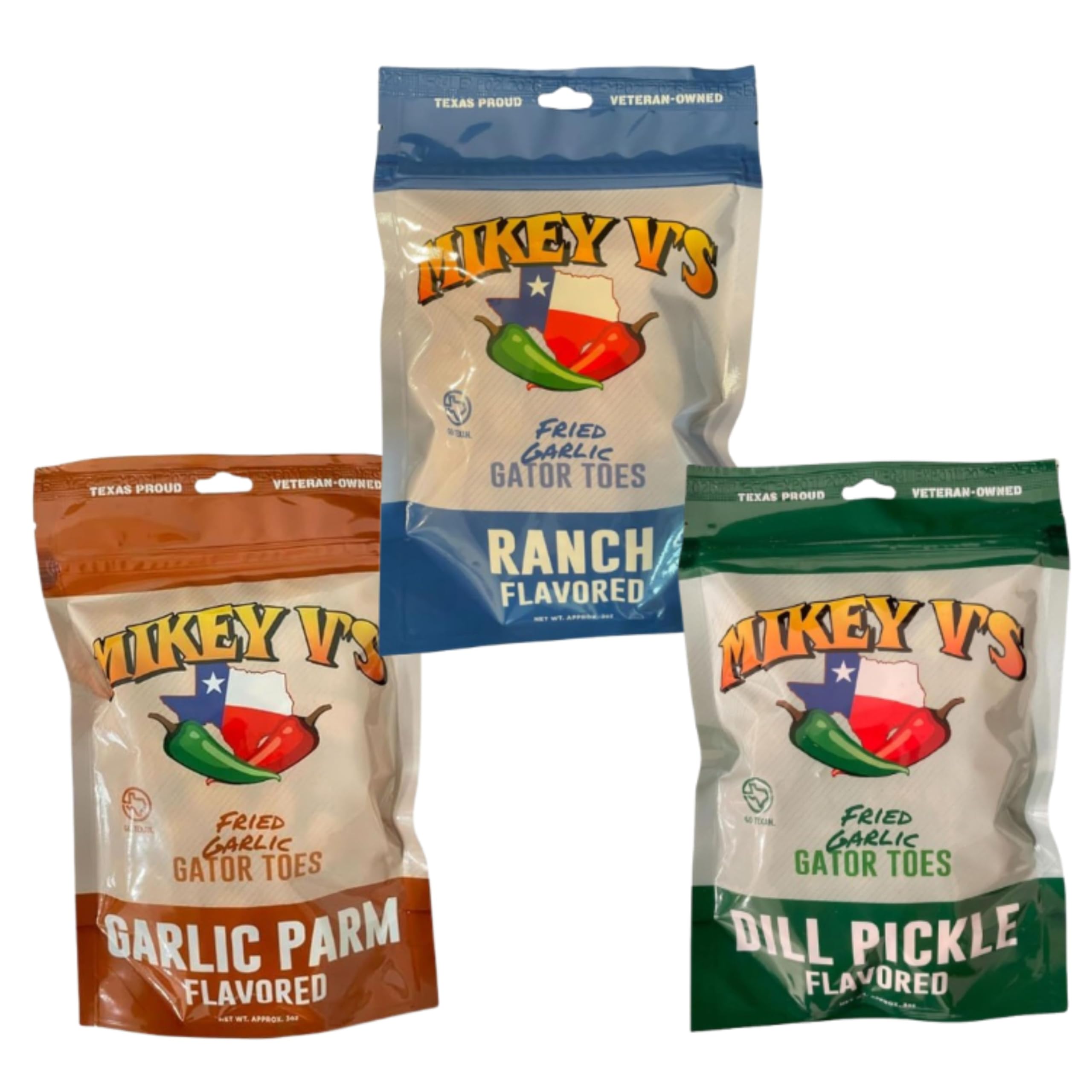 Mikey V's front packaging showing the three-flavor snack bundle and bold branding benefit: easy gift-ready pack