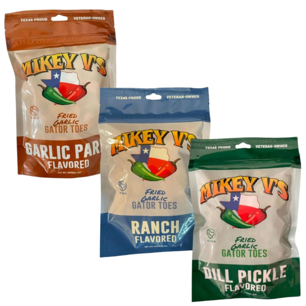 Mikey V's Garlic Parmesan bag close-up highlighting seasoning and crunchy texture benefit for savory snacking