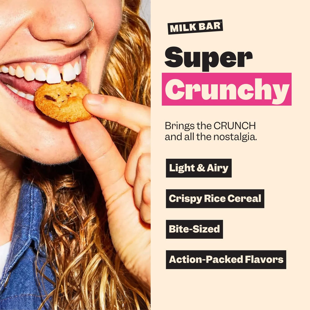 Milk Bar open bag spilling Crunchies illustrating portion and resealable convenience