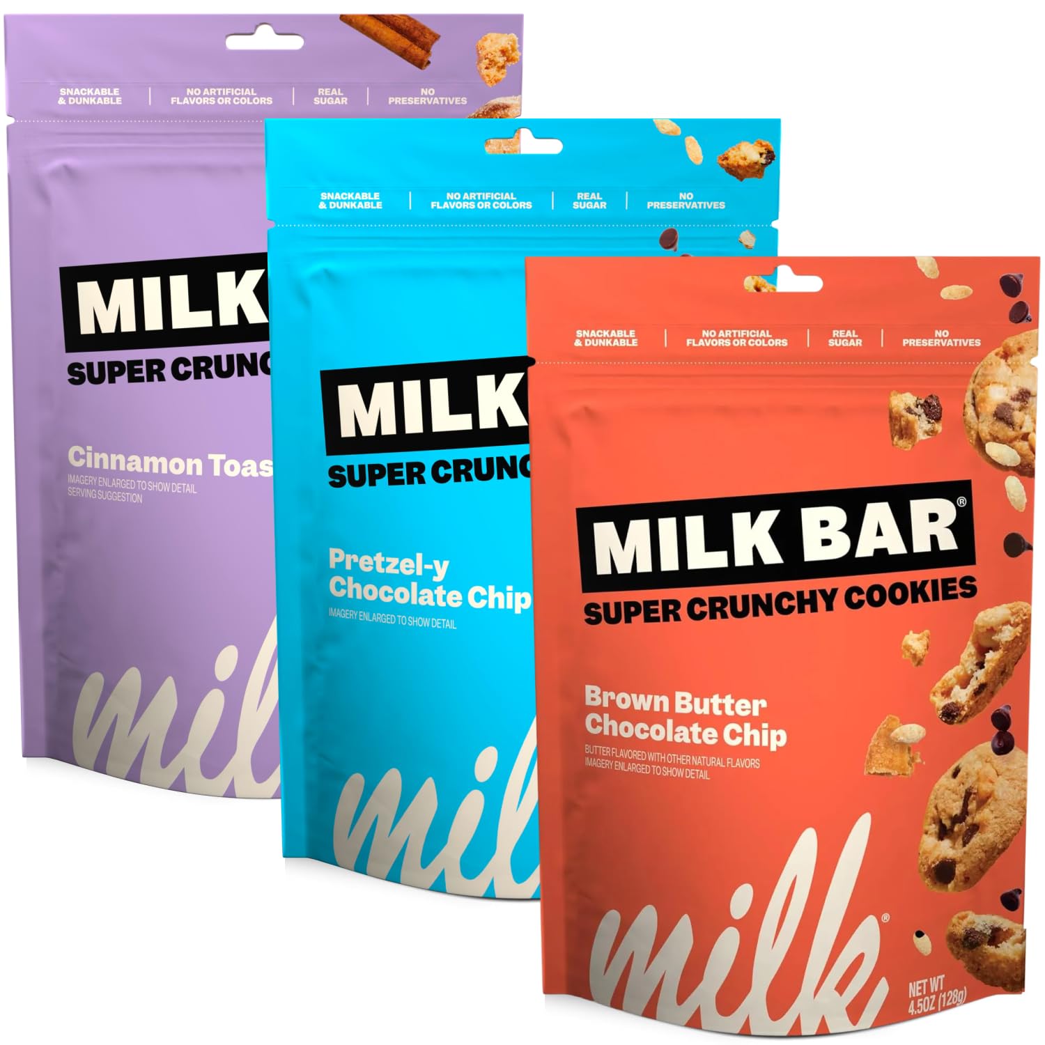 Milk Bar front packaging showing three mini cookie pouches and variety benefits