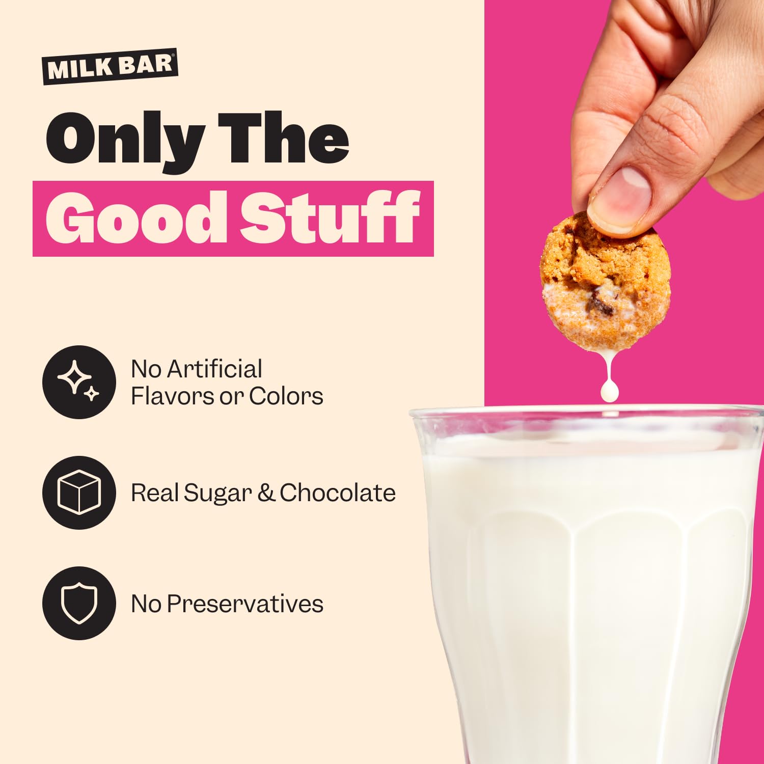 Milk Bar resealable bag open with cookies in a bowl preserving crunch and easy serving
