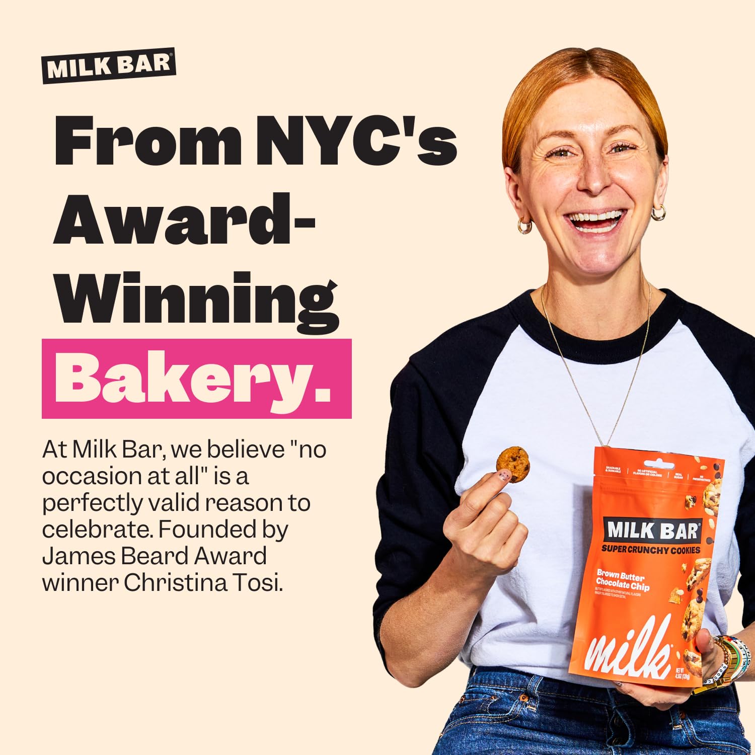Milk Bar cookie held in hand for scale demonstrating bite-sized portability and snack convenience