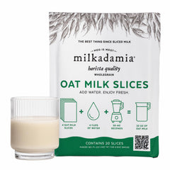 Milkadamia pack front view showing 20 slices and eco packaging benefit