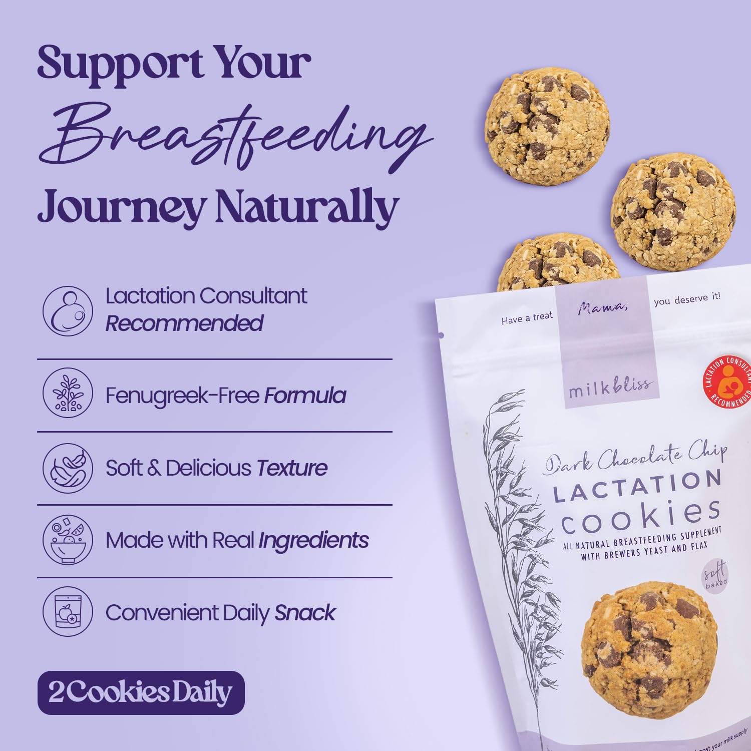 MilkBliss open package revealing cookies inside, emphasizes grab-and-go benefit