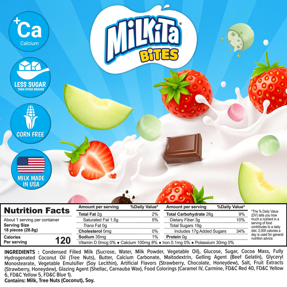 Milkita candy next to hand showing bite-size convenient portioning