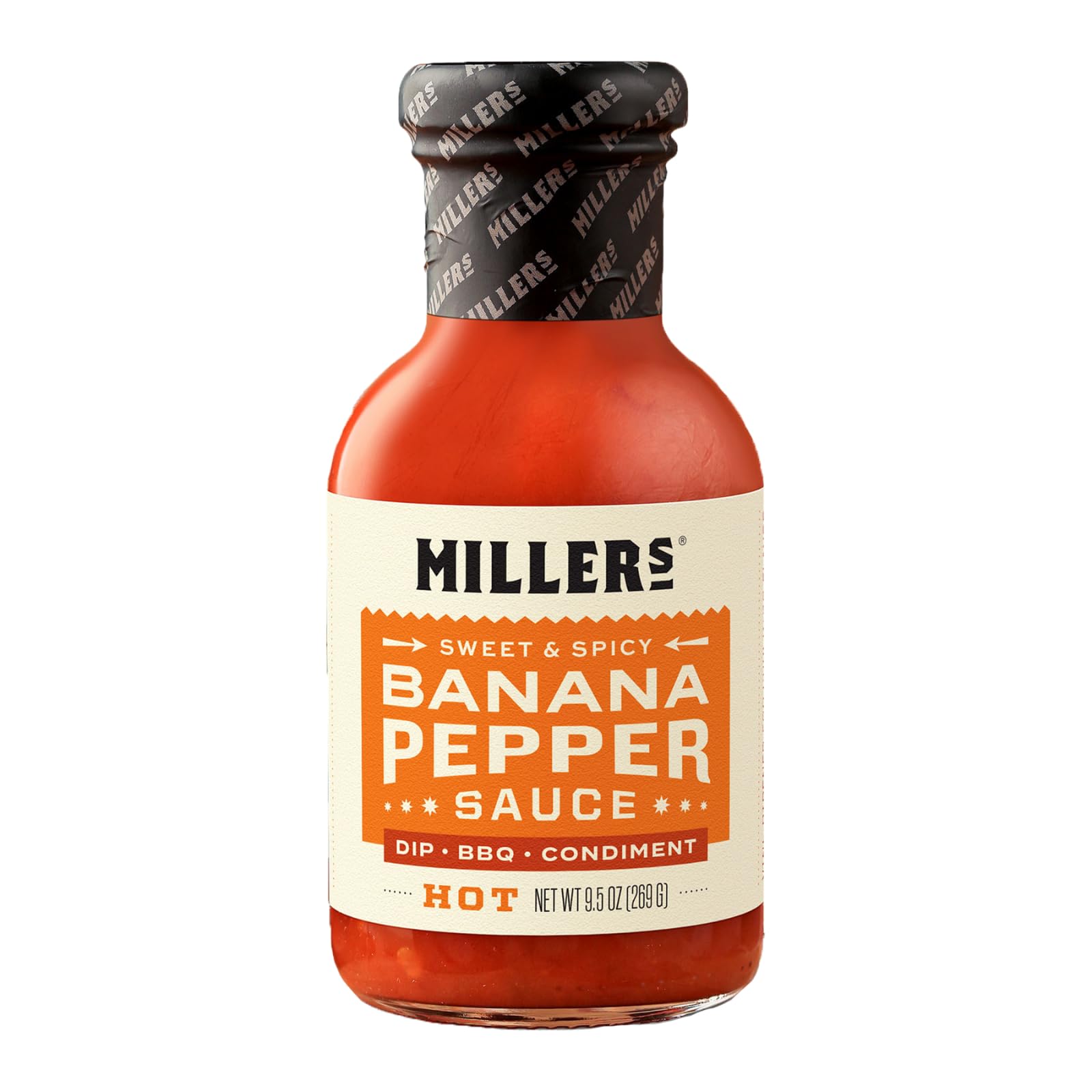 Millers bottle front view showing label and 9.5 oz size benefit