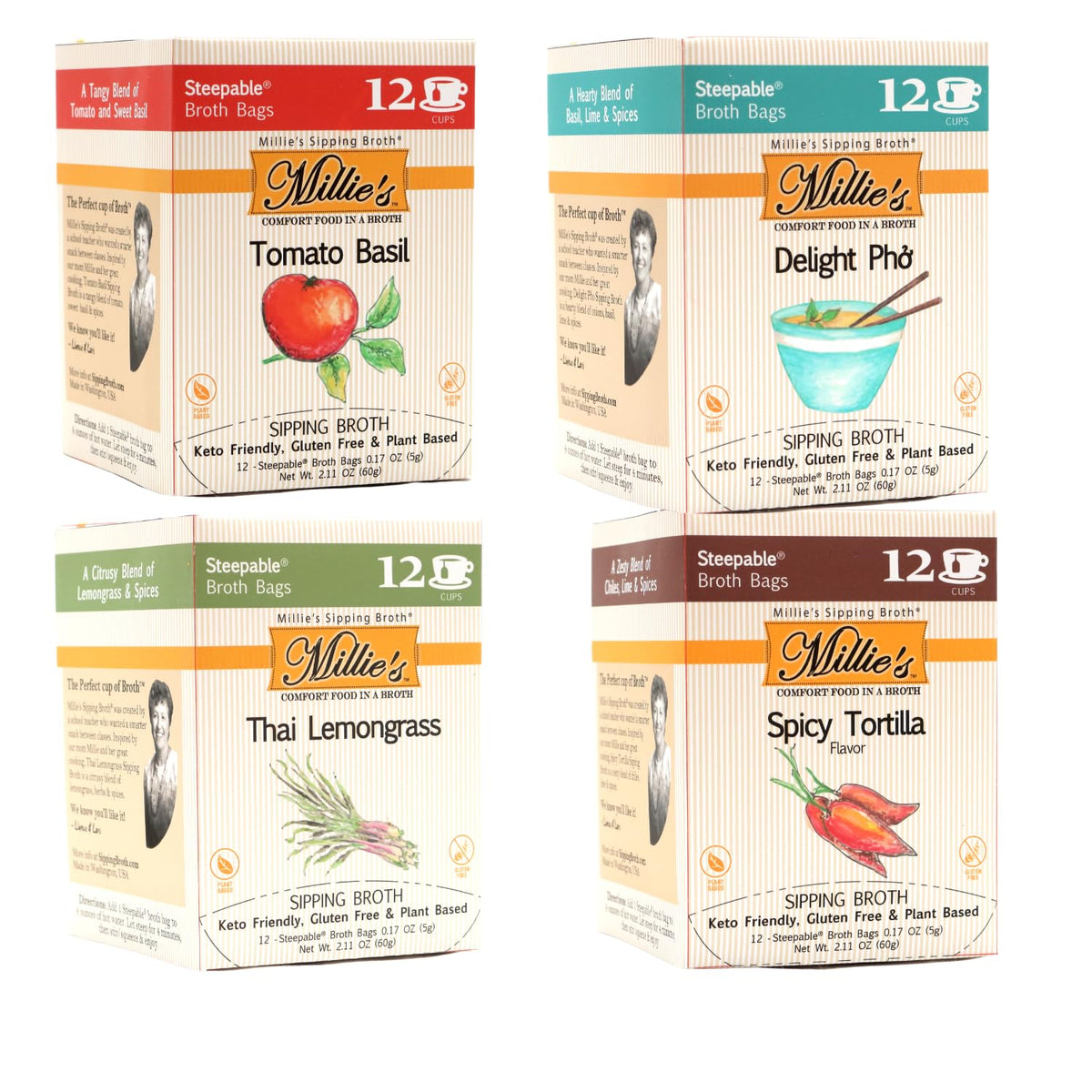 Millie's Sipping Broth front packaging showing variety and convenience