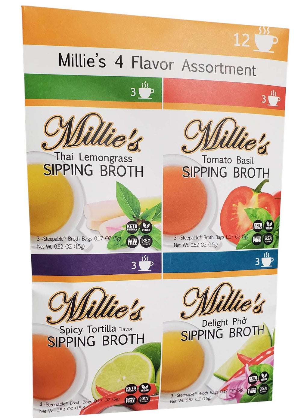 Millie's Sipping Broth front packaging showing four-flavor assortment for convenient sipping
