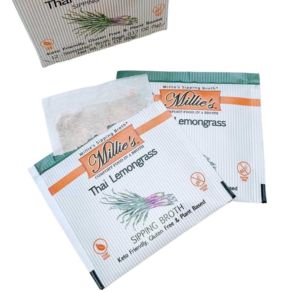 Millie's Sipping Broth spoon stirring broth texture for savory depth