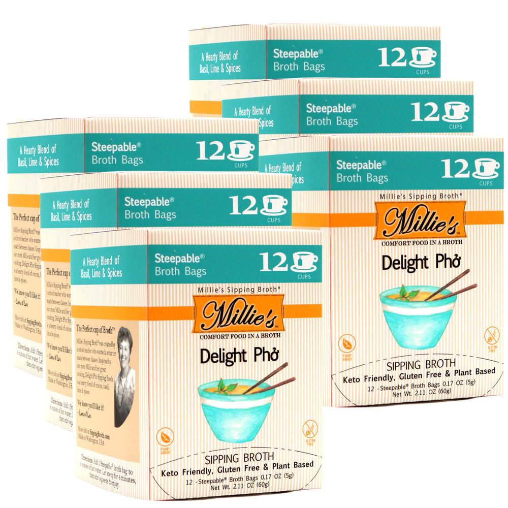 Millie's Sipping Broth front packaging showing product identity and quick use benefit