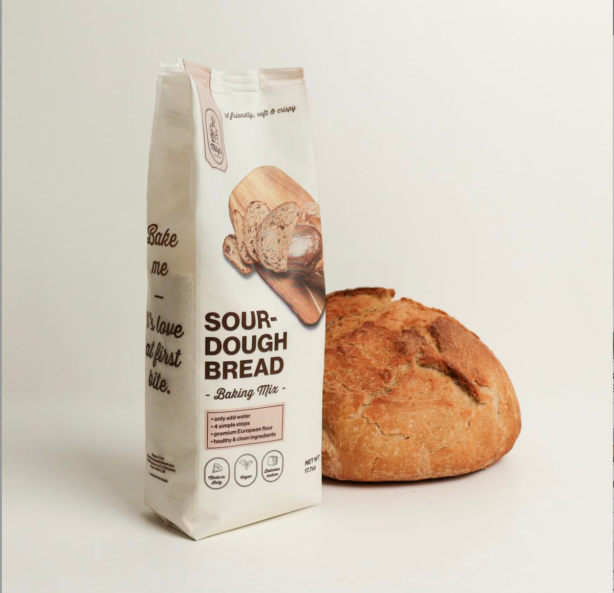 Millys front packaging showing mix bag and artisan loaf, conveys easy homemade sourdough