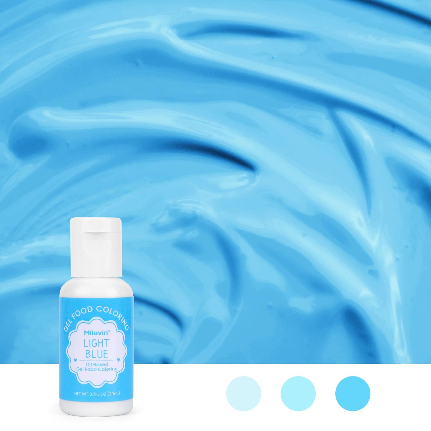 Milovin light blue tube close-up highlighting nozzle and vivid pigment for precise dosing