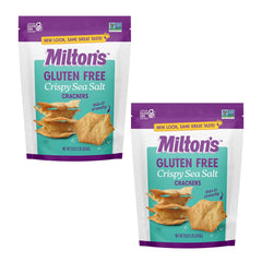 Milton's Crispy Sea Salt front packaging showing resealable bag and certifications, ideal for pantry storage
