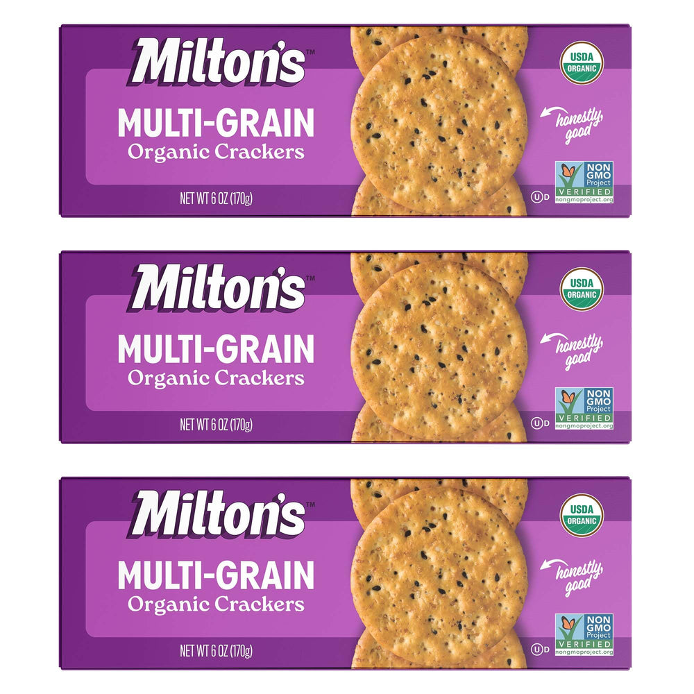 Milton's front packaging showing organic multi-grain crackers and brand benefit