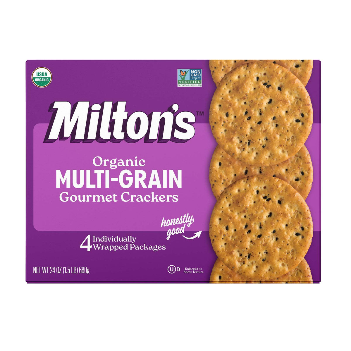 Milton's Organic Crackers front packaging showing organic label and size for confident choice