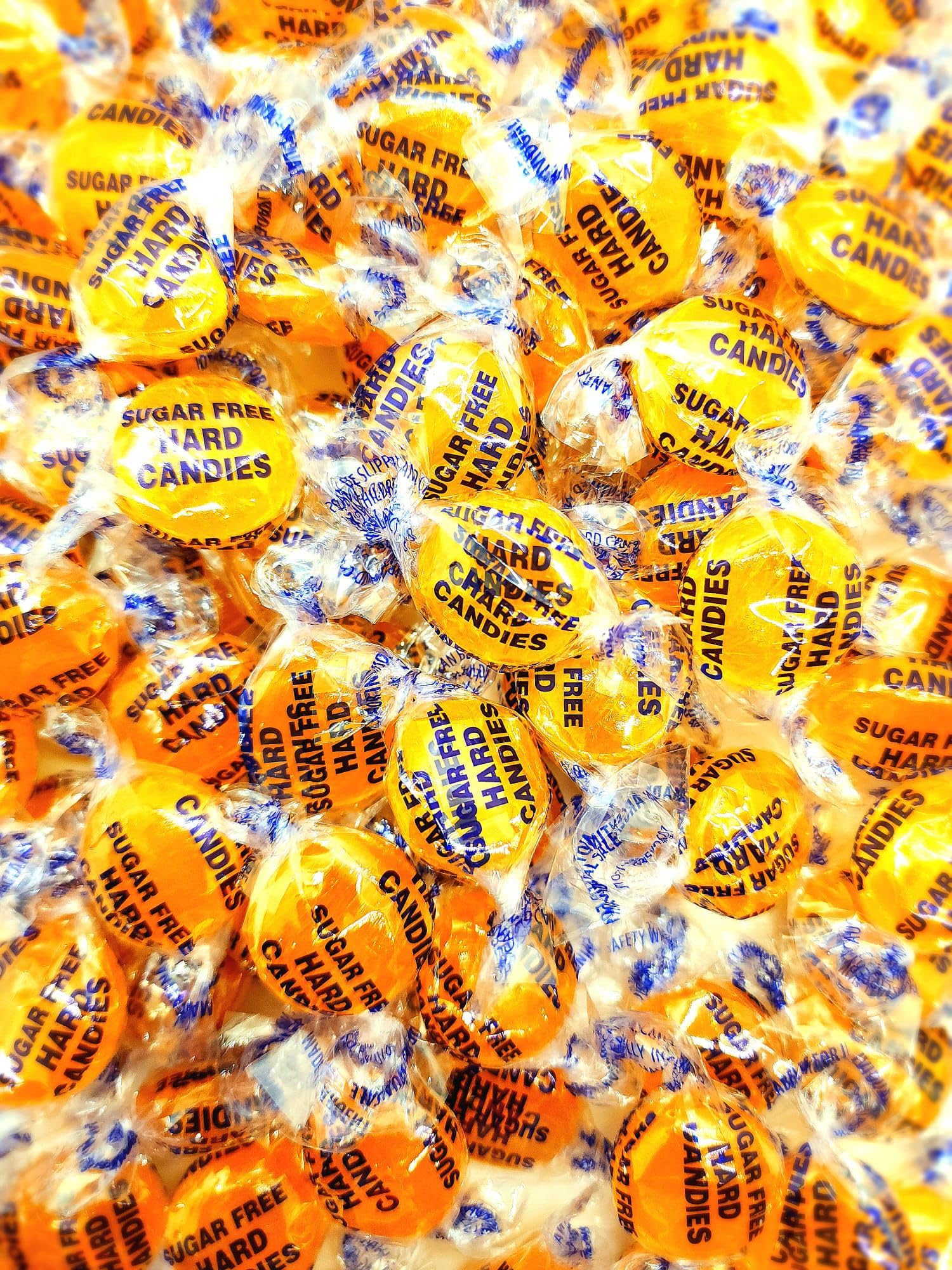 MIMA MIMA front packaging of 1 lb sugar free butterscotch, clear bag shows candies and convenience