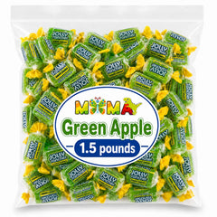 MIMA MIMA front packaging of 1.5 lb green apple candy showing resealable bag and branding benefit
