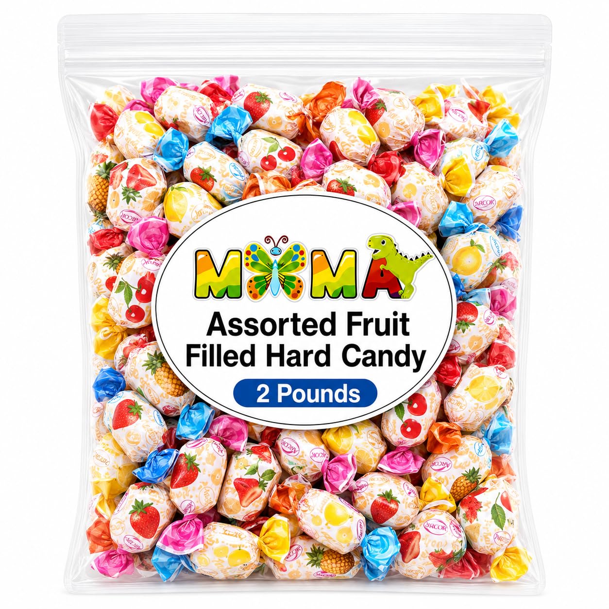 MIMA MIMA front packaging showing 2 lb assorted fruit candies for bulk use