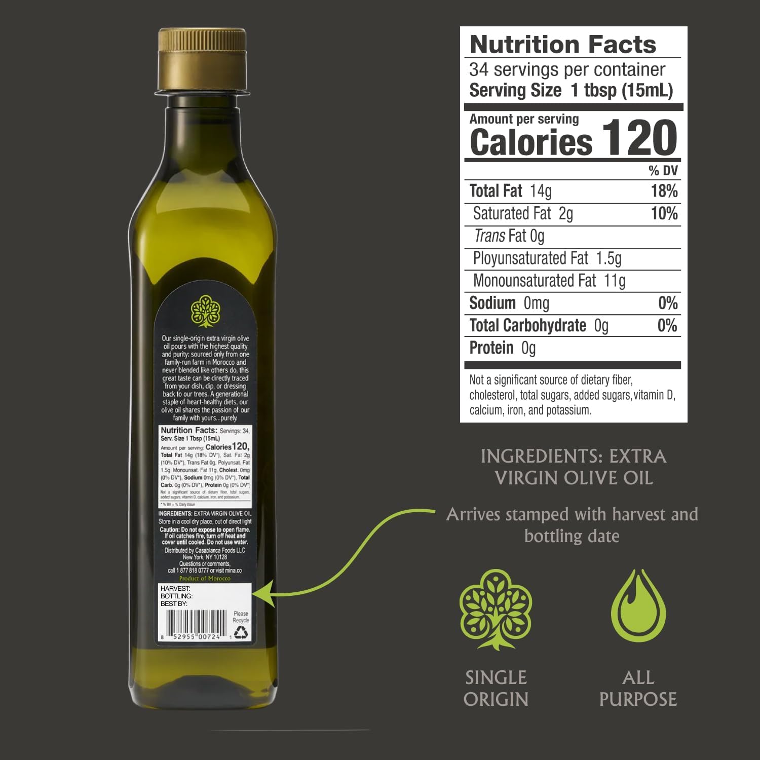 Mina certification seal closeup showing non-GMO and kosher third-party testing