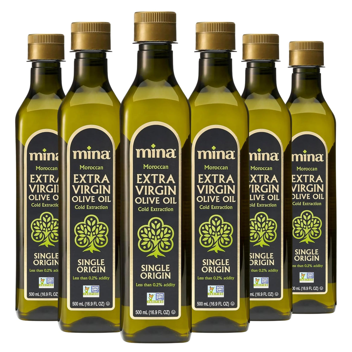 Mina front bottle pack showing six bottles and clear branding for pantry convenience