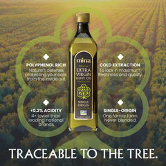 Mina label close-up highlighting single-origin and low acidity benefits