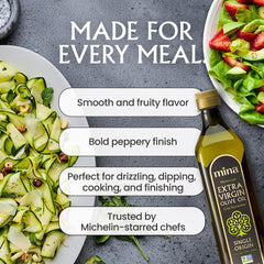 Mina label closeup highlighting single-origin and cold-extraction benefits