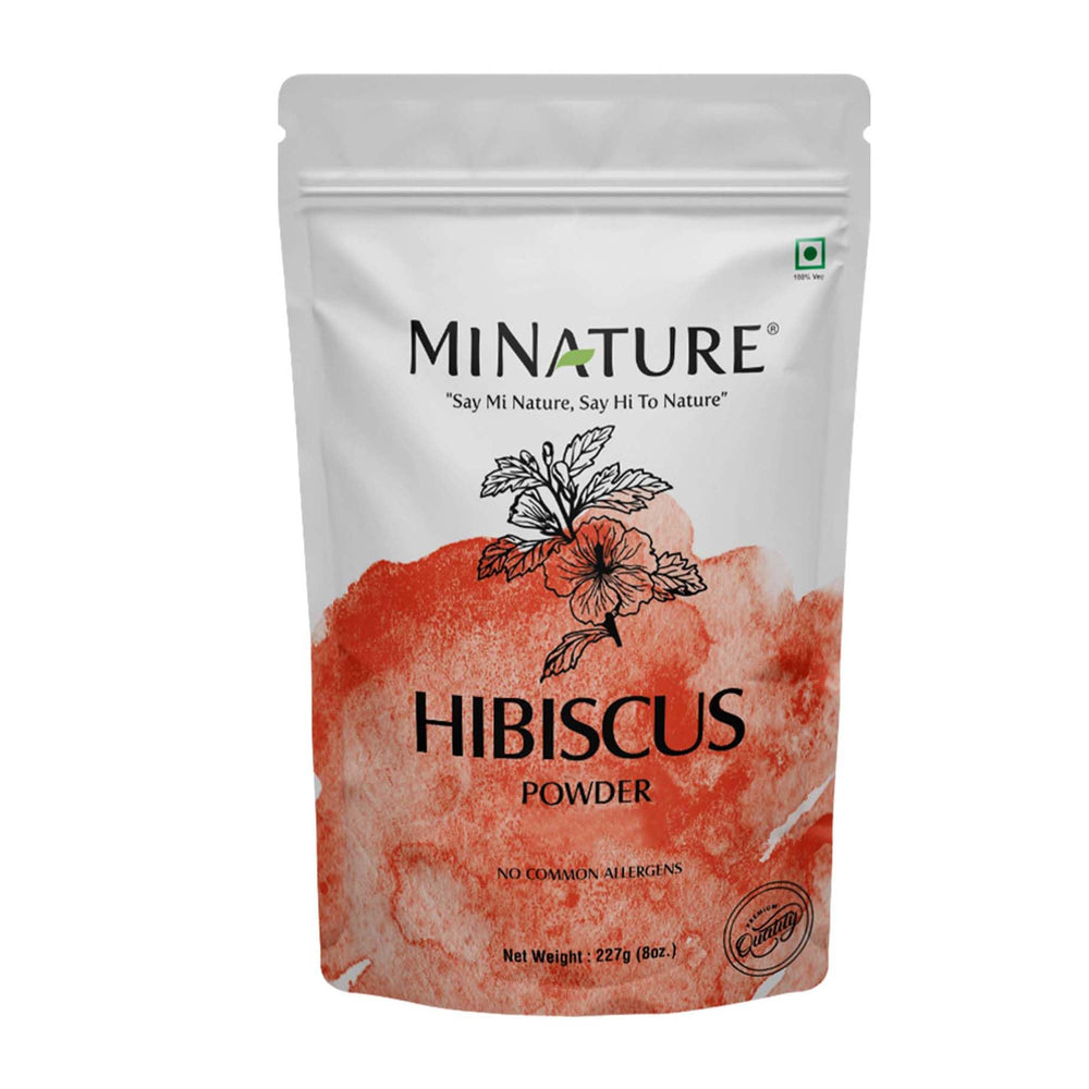 minature front packaging showing 227g hibiscus powder and clear label for easy identification and storage