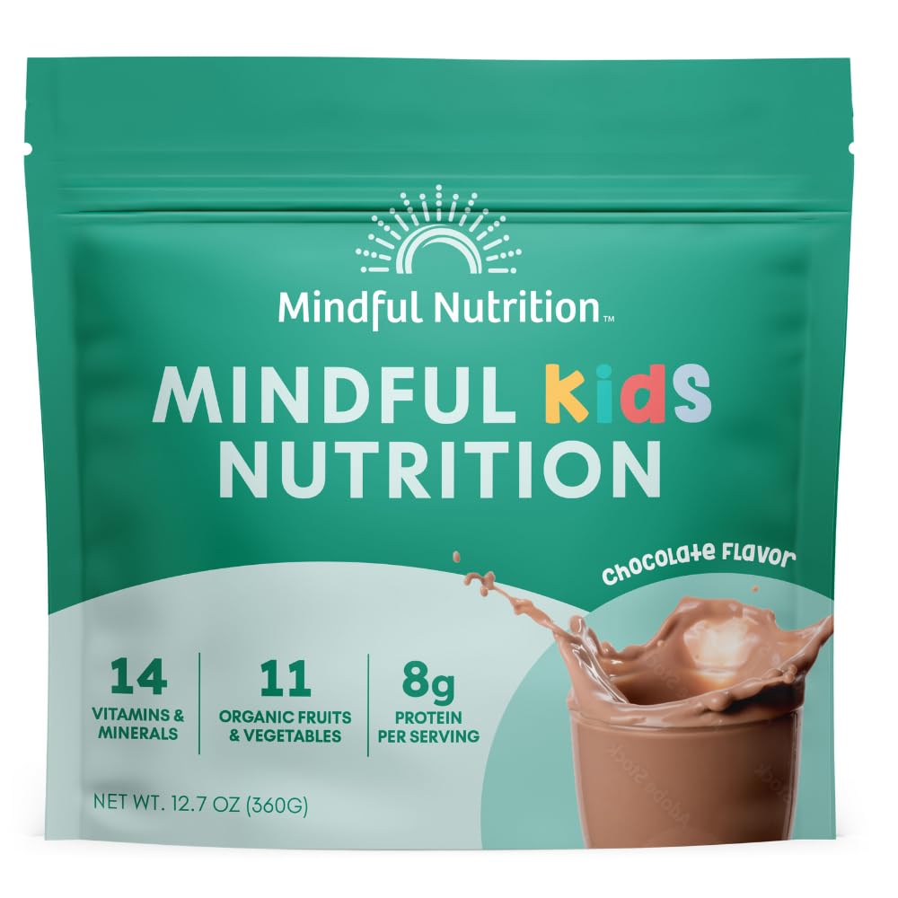 Mindful Nutrition front pouch showing organic chocolate kids protein