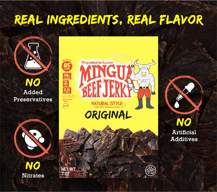 Mingua jerky served on wood board, highlighting protein-rich snack