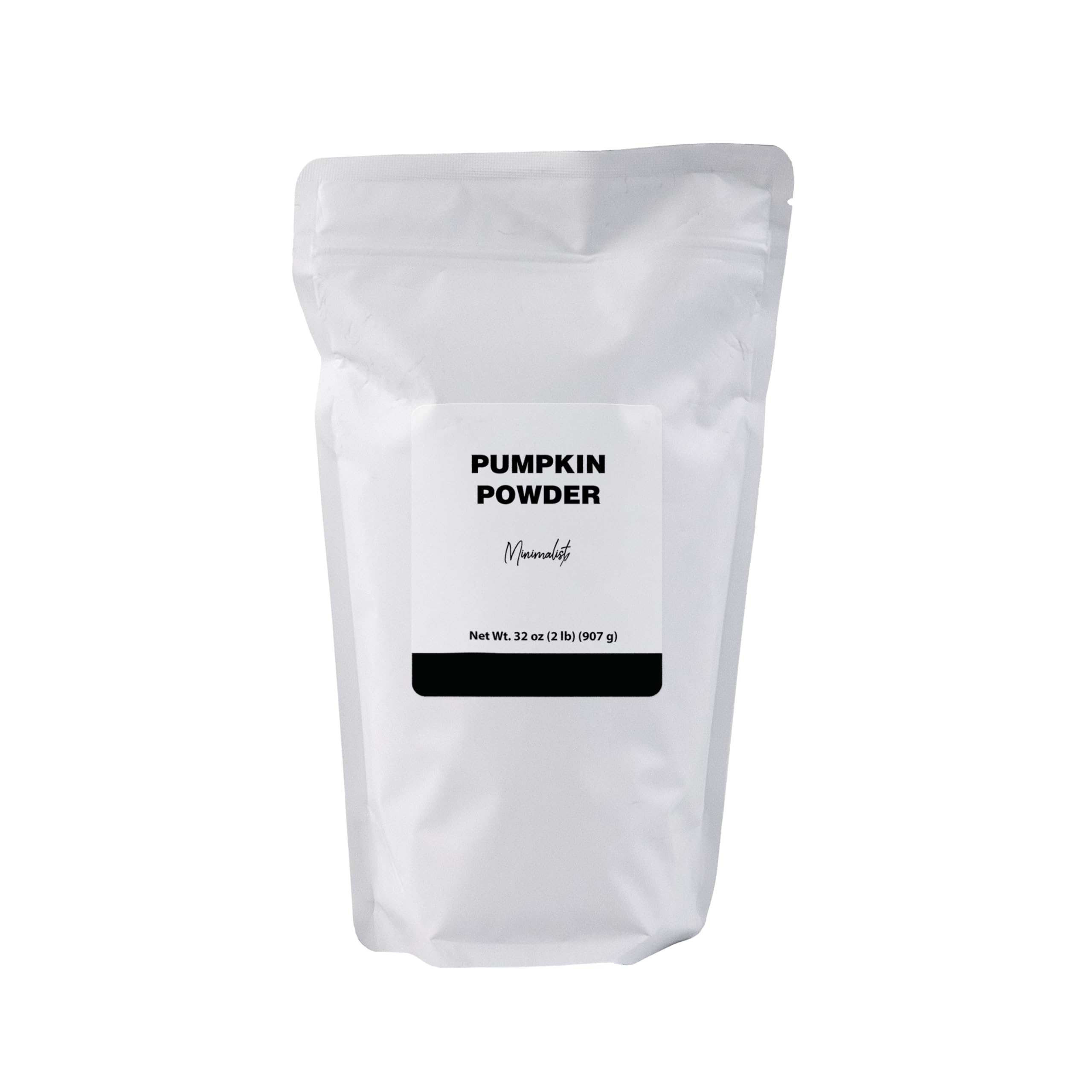 Minimalist pumpkin powder front packaging showing clean resealable bag and label benefits