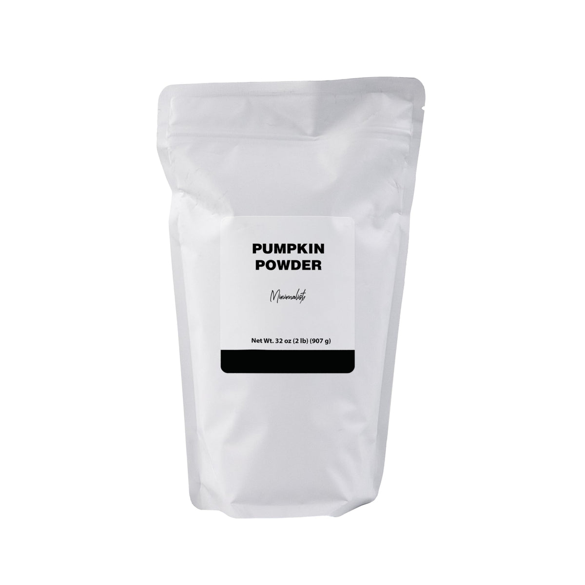 Minimalist pumpkin powder front packaging showing clean resealable bag and label benefits