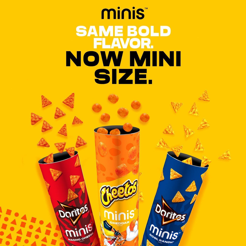 Hand holding an open Minis canister with Cheetos pieces, Minis brand makes on-the-go snacking easy
