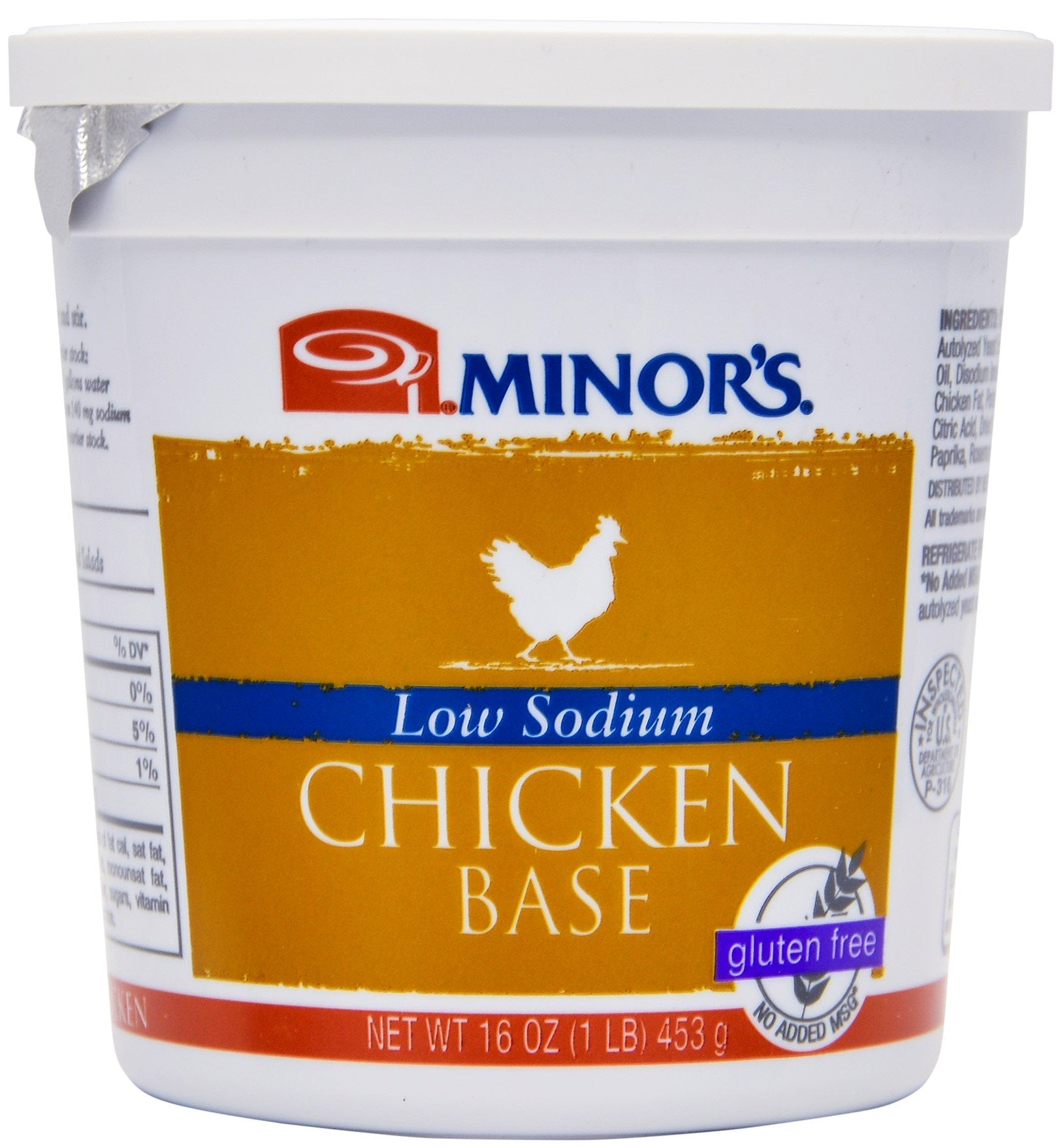 Minor's jar front label showing low sodium chicken base for consistent flavor