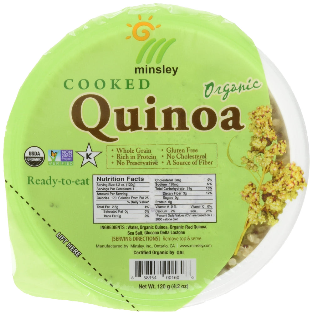 MINSLEY front packaging showing pack of twelve pouches and organic label, quick meals benefit