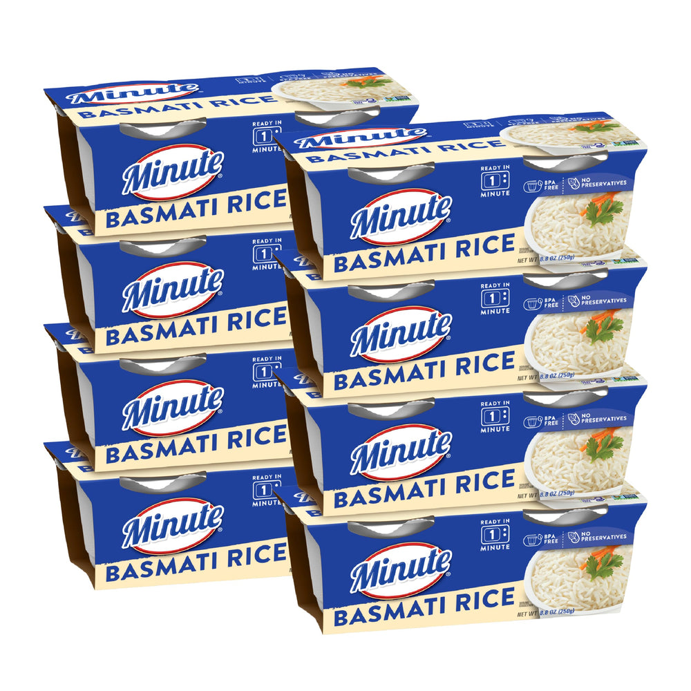 Minute front packaging of basmati rice cups showing product identity and convenience