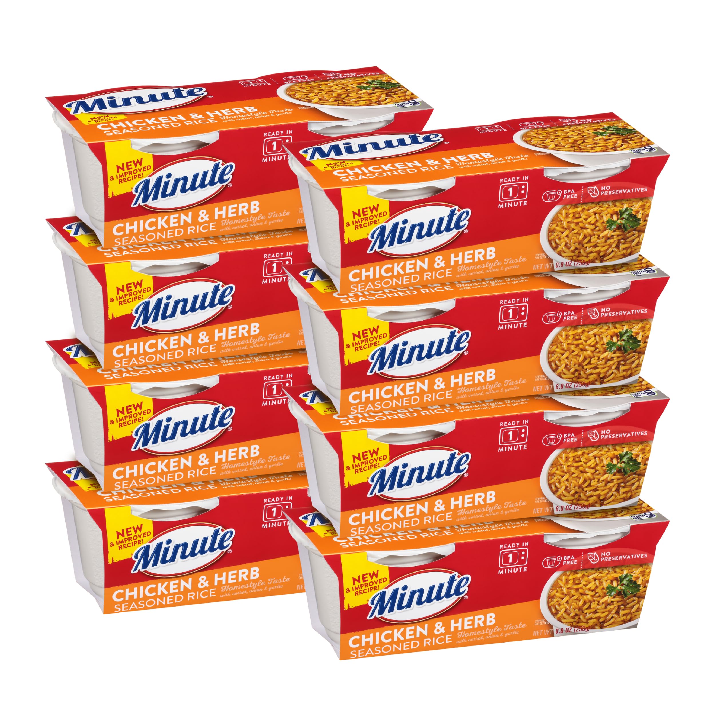 Minute front packaging showing 8-count cups and quick meal benefit